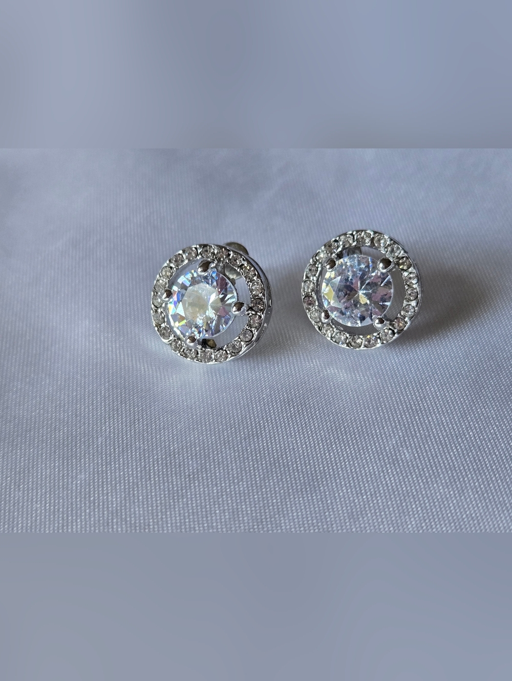 Large CZ Stone Round Halo Pierced Earrings - Picture 4 of 6